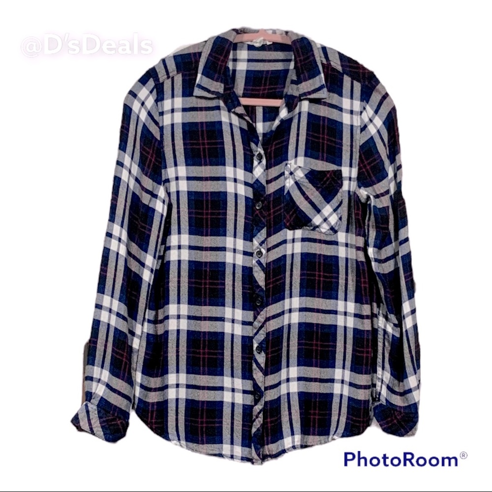 Beach Lunch Lounge Plaid Flannel Button Down Shirt Blue Black Pink White Small